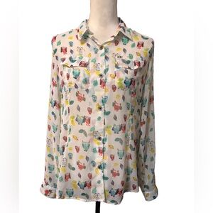 POL Sheer Owl Button Up Blouse Sz M